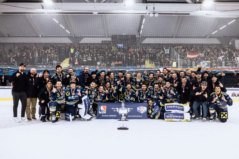 SALZBURG, AUSTRIA - February 14: Team of EKZ during the Austrian Championship celebration after the game Red Bull Hockey Juniors vs EK Zell am See on Febnruary 14, 2026 in Salzburg, Austria. 
Photo by Heiko Mandl - Red Bull Hockey Juniors