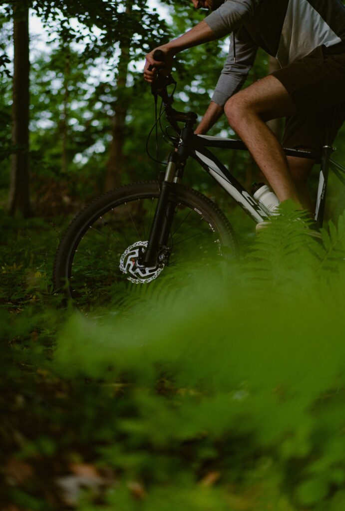 A man riding a mountain bike through a lush green forest trail.