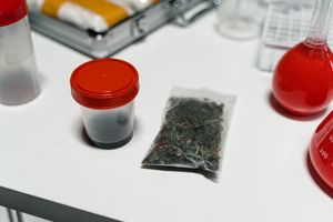 Image of cannabis in a plastic bag and container with red lids on a white surface.